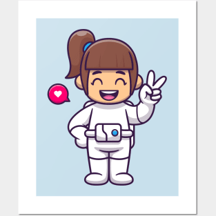 Cute Girl Astronaut With Peace Hand Cartoon Posters and Art